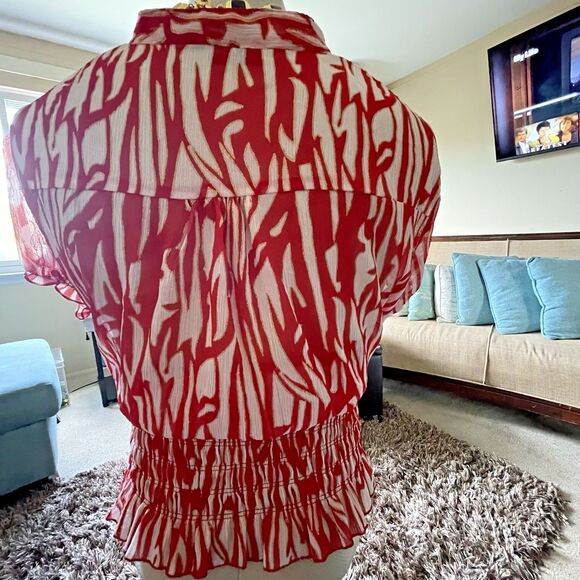 Vintage Erica Brooke Women's V-Neck Ruffle Top Blouse Sze 24 Short Sleeve Career - Picture 9 of 11